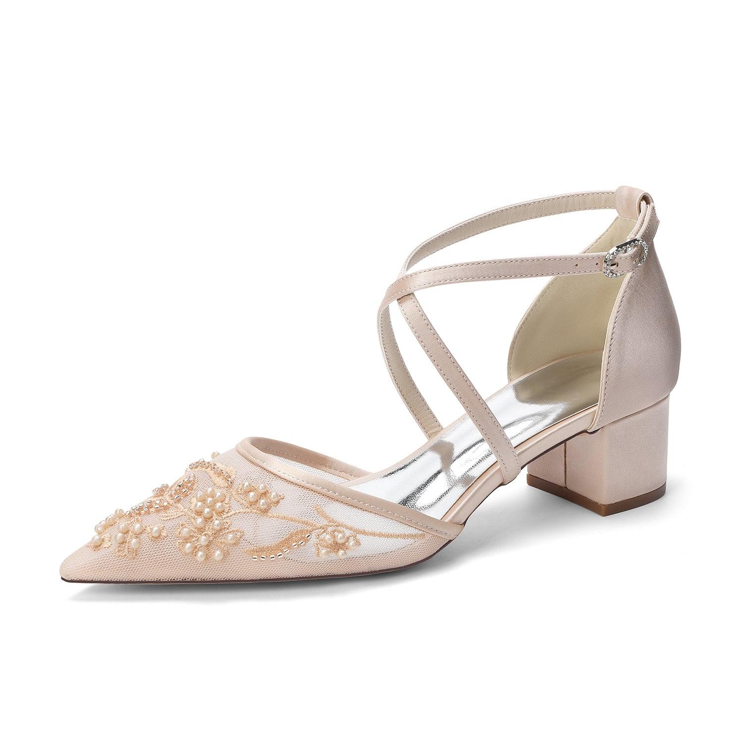 Block Heel 4.5cm Lace Silk-Like Pearl Embroidered Mesh Shoes CK0491 - 10 Days / Champagne / 35 - COCOMELODY